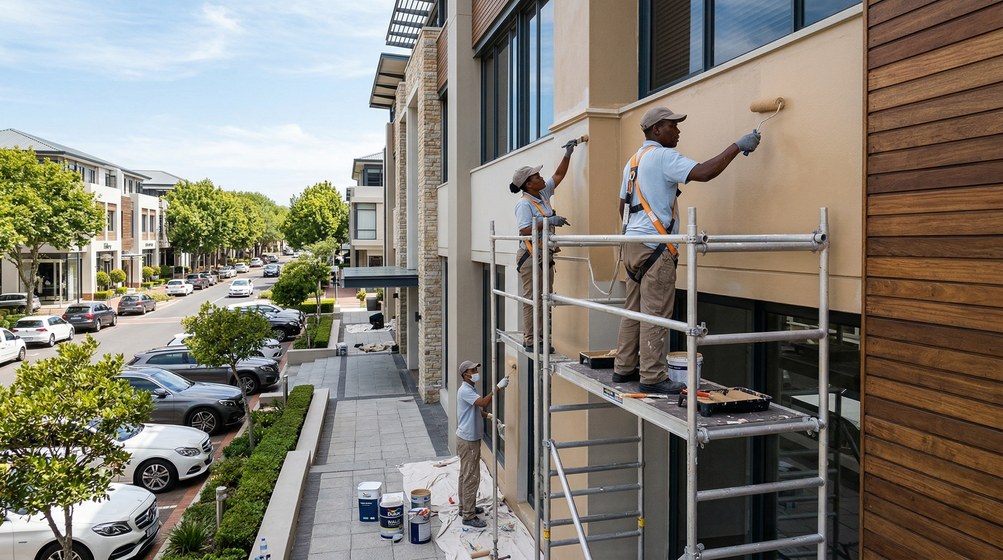 Professional commercial painters on scaffolding painting a building on the Bellville