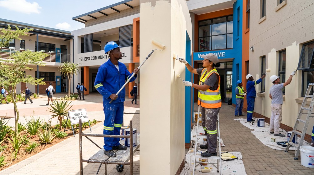 Professional school painting team painting a community school on the Bellville